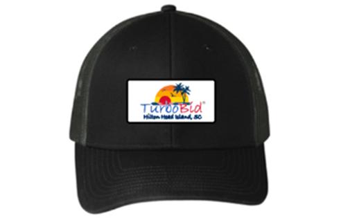 TurboBid hat displays a graphic of the setting sun behind an island with palm trees. "Hilton Head Island, SC" is displayed beneath the graphic.