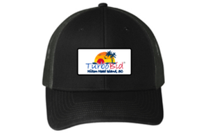 TurboBid hat displays a graphic of the setting sun behind an island with palm trees. "Hilton Head Island, SC" is displayed beneath the graphic.