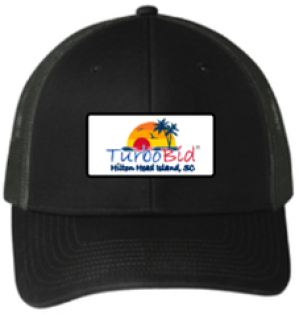 TurboBid mesh back hat displays setting sun on island with palm trees and "Hilton Head Island, SC".