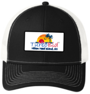 TurboBid mesh back hat displays setting sun on island with palm trees and "Hilton Head Island, SC".