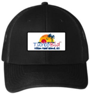 TurboBid mesh back hat displays setting sun on island with palm trees and "Hilton Head Island, SC".