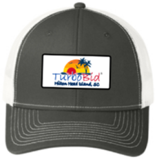 TurboBid mesh back hat displays setting sun on island with palm trees and "Hilton Head Island, SC".