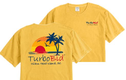 Butterscotch Haines Comfort Wash T-shirt. Displays a graphic of the setting sun behind an island with palm trees. "Hilton Head Island, SC" is displayed beneath the graphic.