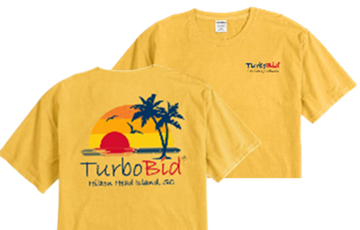 Butterscotch Haines Comfort Wash T-shirt. Displays a graphic of the setting sun behind an island with palm trees. "Hilton Head Island, SC" is displayed beneath the graphic.