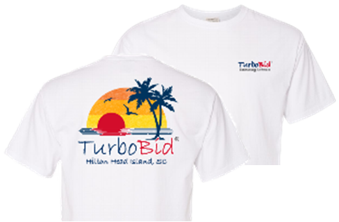 White Haines Comfort Wash T-shirt. Displays a graphic of the setting sun behind an island with palm trees. "Hilton Head Island, SC" is displayed beneath the graphic.