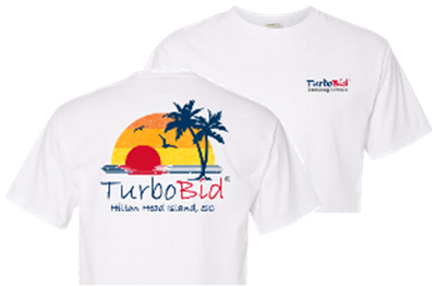 White Haines Comfort Wash T-shirt. Displays a graphic of the setting sun behind an island with palm trees. "Hilton Head Island, SC" is displayed beneath the graphic.